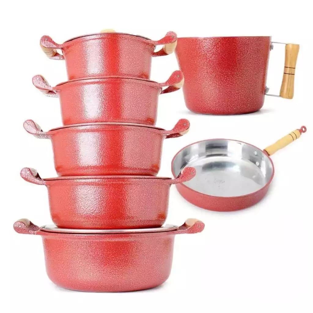kit panelas + frigideira + canecao aluminio batido grossopomel de madeira