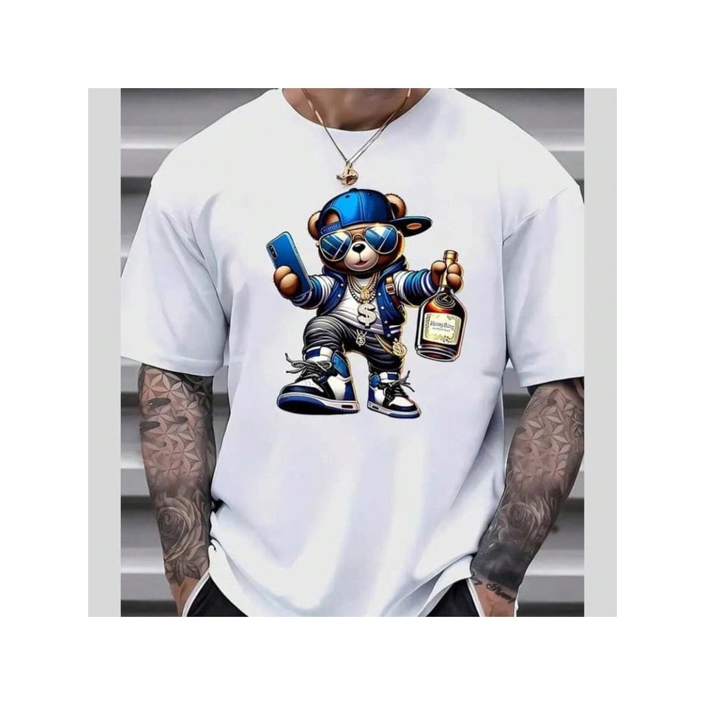 Camiseta Masculina urso Cachacha Camisa Estampada T-shirt style camisa streetwe Algodão