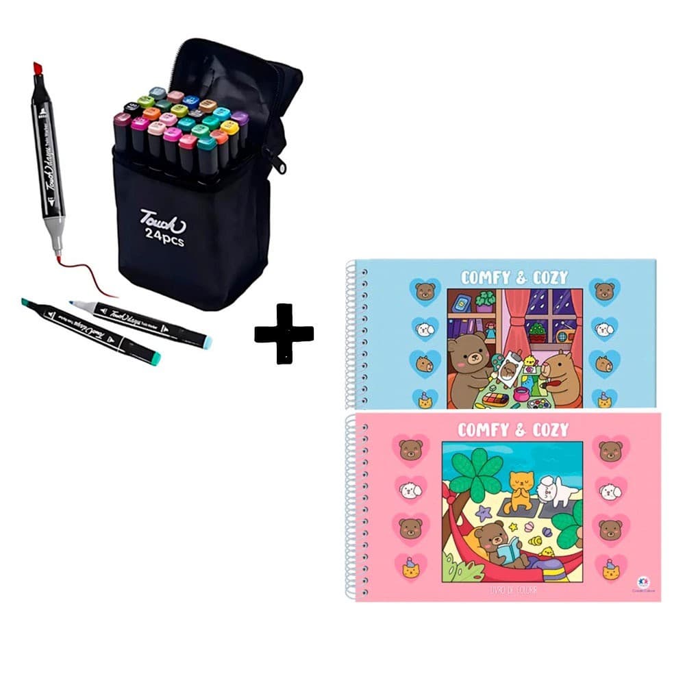 Kit 2 Livros de colorir Comfy and Cozy + 24 Canetinhas