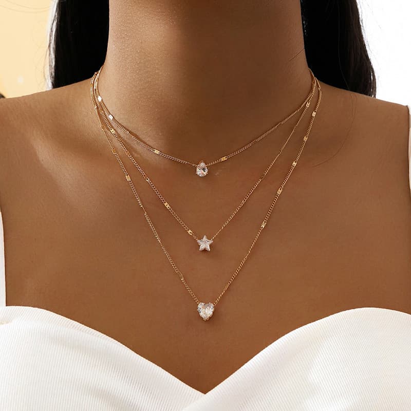 Colar com pingente de gota d'água em formato de estrela e coração, multicamadas, elegante e simples para mulheres