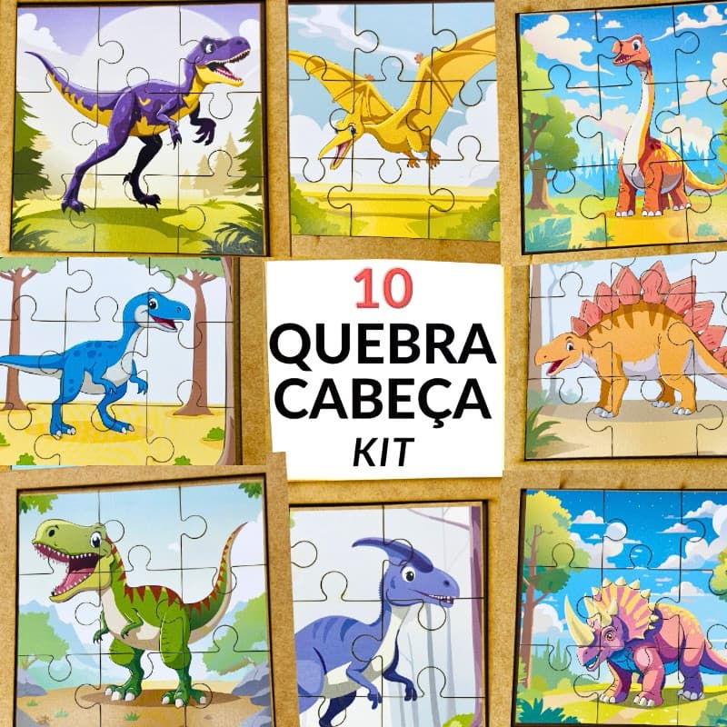 Kit 10 Quebra Cabeça Mdf 9 Peças Jogo Pedagógico Lúdico infantil Dinossauros