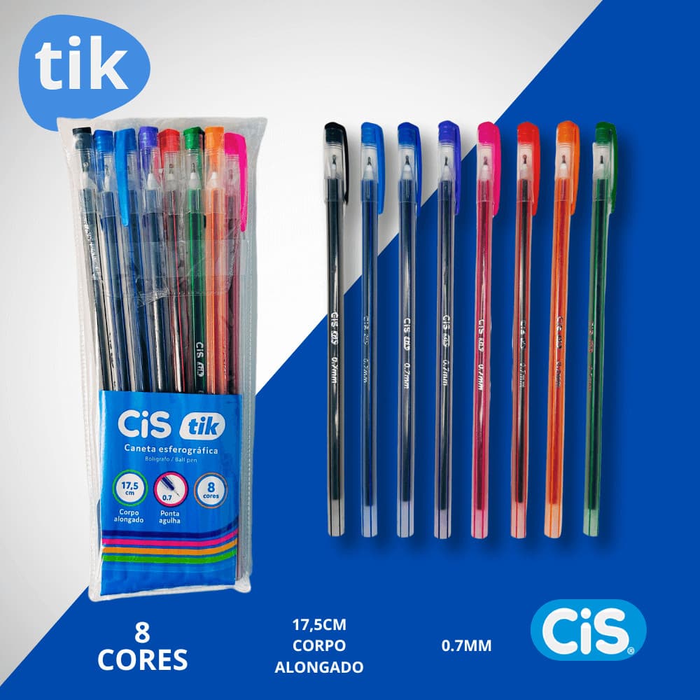 Kit 8 cores Canetas esferográficas 0.7MM Tik cis