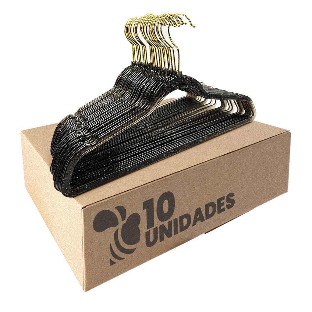 Kit 10 Cabides Acrílico Preto com Glitter e Gancho Dourados