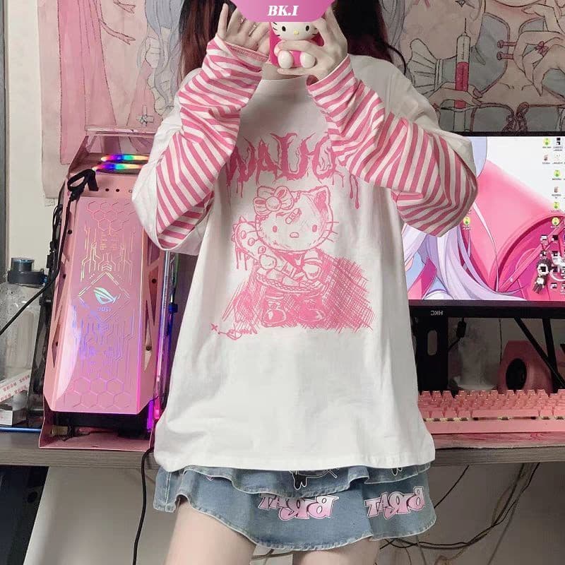 Camiseta de Manga Longa Estilo Japonês Hello Kitty para Estudantes Femininas, Solta e Oversized, Top Y2K