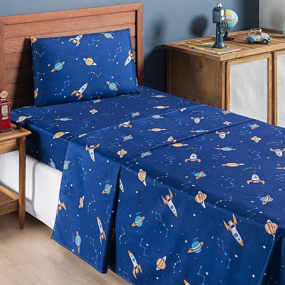 Jogo de Cama Bouti Solteiro 3 Peças Galáxia Infantil Macio Conforto Enxoval Cama Quarto Menino