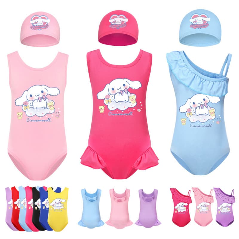 Roupa de banho Cinnamoroll para meninas, conjunto de maiô de peça única com tema de coelho e touca.