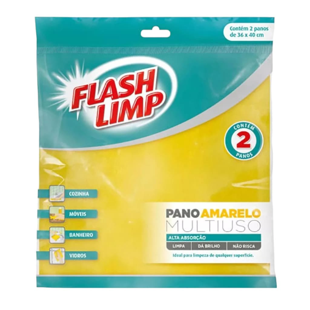 Panos Multiuso Amarelo Flashlimp - 2 Unidades para Limpeza Eficiente