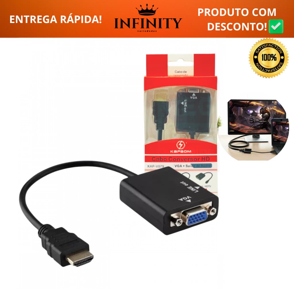 Cabo HDMI 15 Cm Conversor Adaptador De Vídeo Hdmi Macho Para Vga Femea Kapbom KAP-V079
