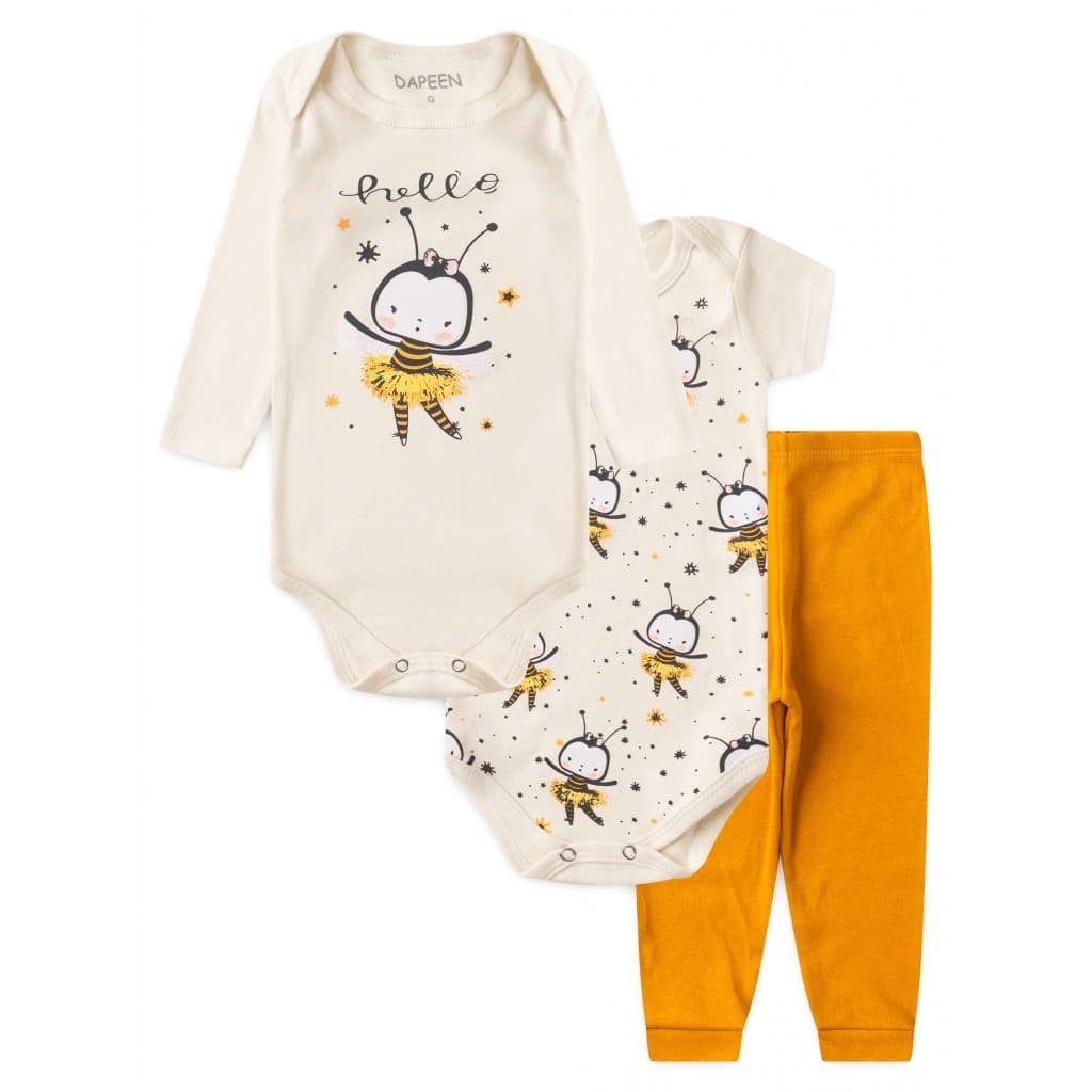 Kit Body Bebê Menina Suedine Abelha Hello