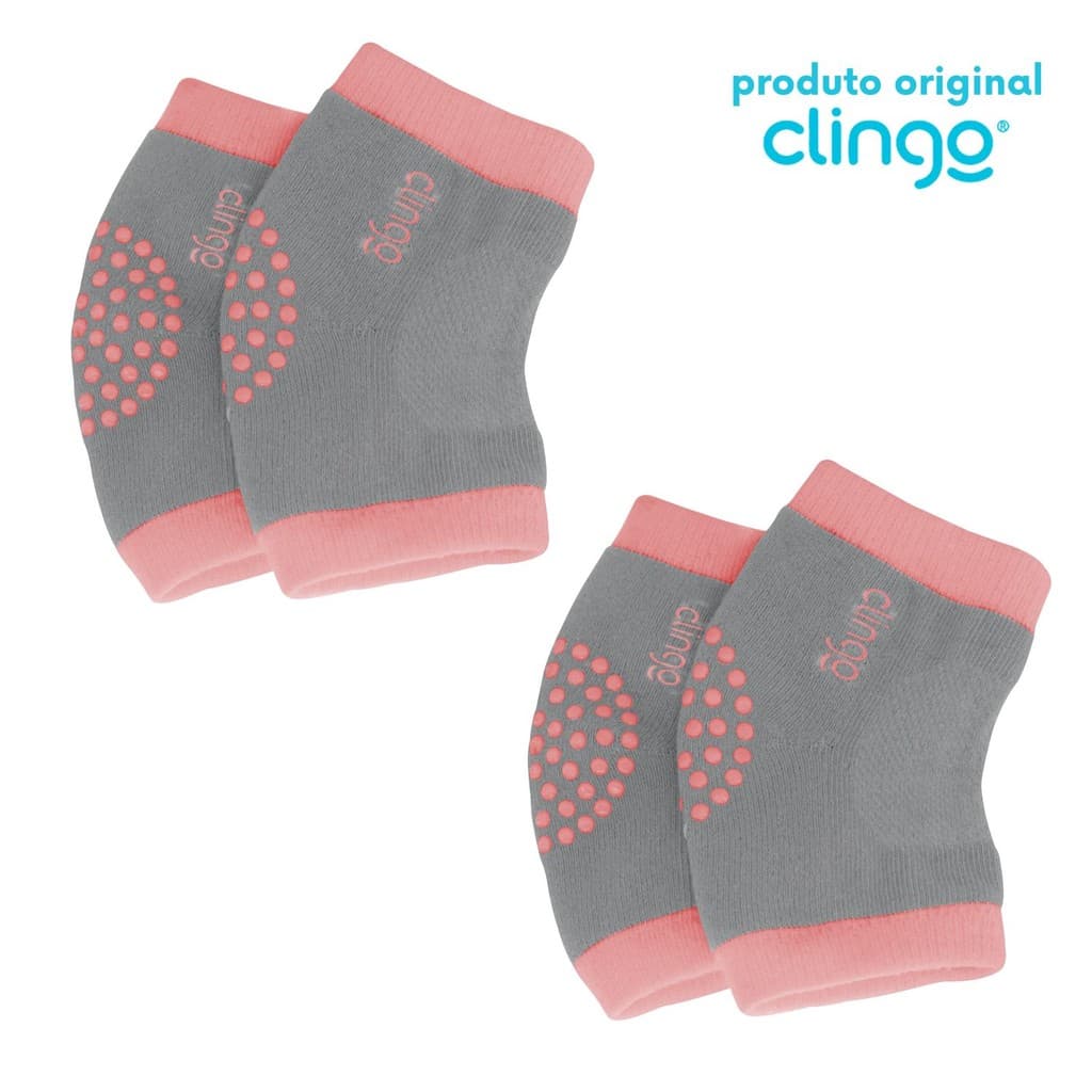 2x Joelheira Antiderrapante Clingo Rosa/Cinza - Proteção Confortável para o Bebê Engatinhar
