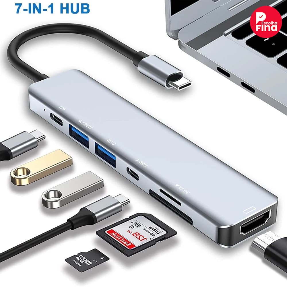 Adaptador USB-C 7 Funções: Vídeo 4K HDTV 30Hz, 2 Portas USB e Leitor Dual SD/TF