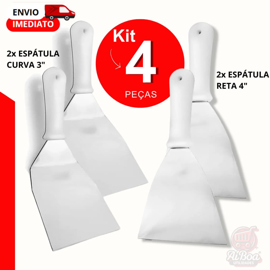 Kits Espátula Curva 3" Espátula Reta 4" Inox com Cabo Plástico Kit Versátil para Cozinha, Doces e Profissional