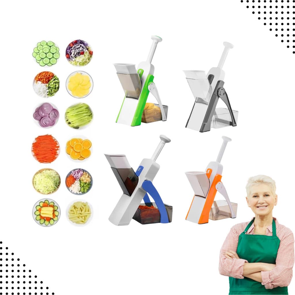 Cortador Fatiador e Ralador Multifuncional de Inox 5 Lâminas 8 Cortes Ajustável 0,1 a 8 mm Frutas Legumes e Verduras