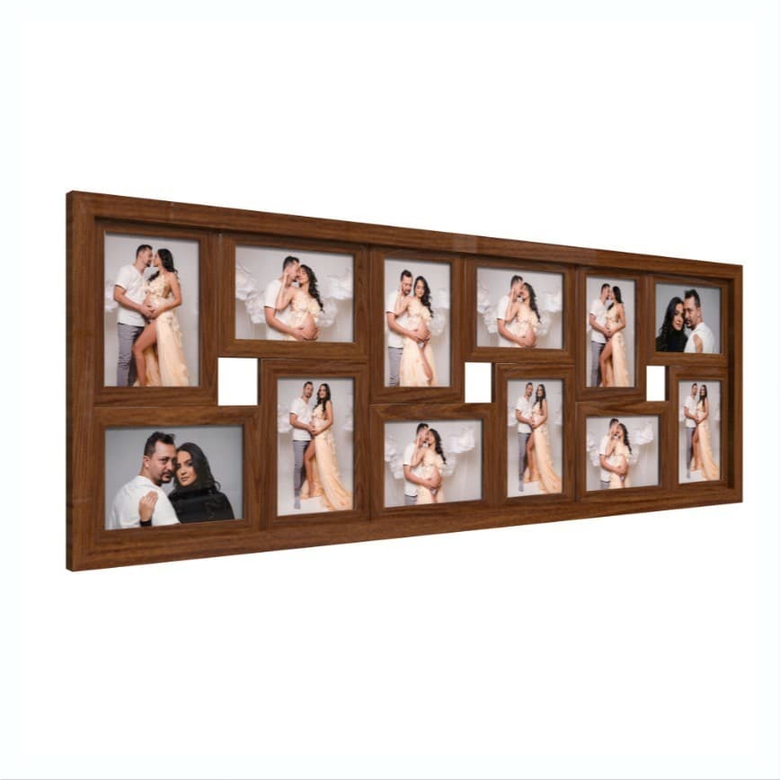 Quadro Decorativo Porta-Retrato Parede Jatobá Para 12 Fotos 10x15cm