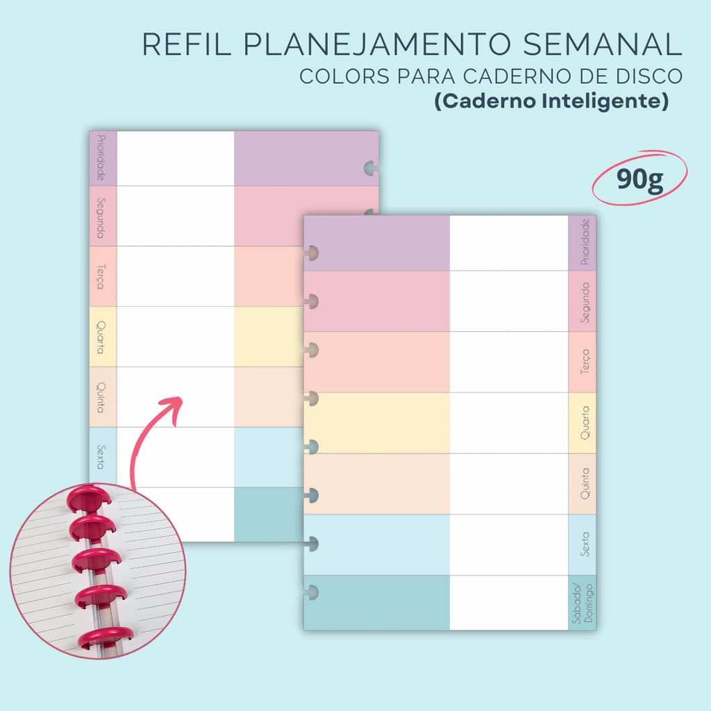 Refil de Planejamento Semanal Colors para Caderno de Disco (Caderno Inteligente) - 30 folhas