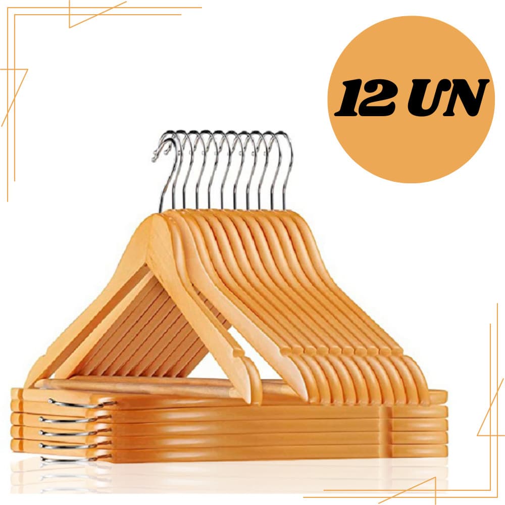 Kit 6 9 12 Cabides de Madeira Marfim Com Verniz Para Calças Camisas Camisetas Vestidos