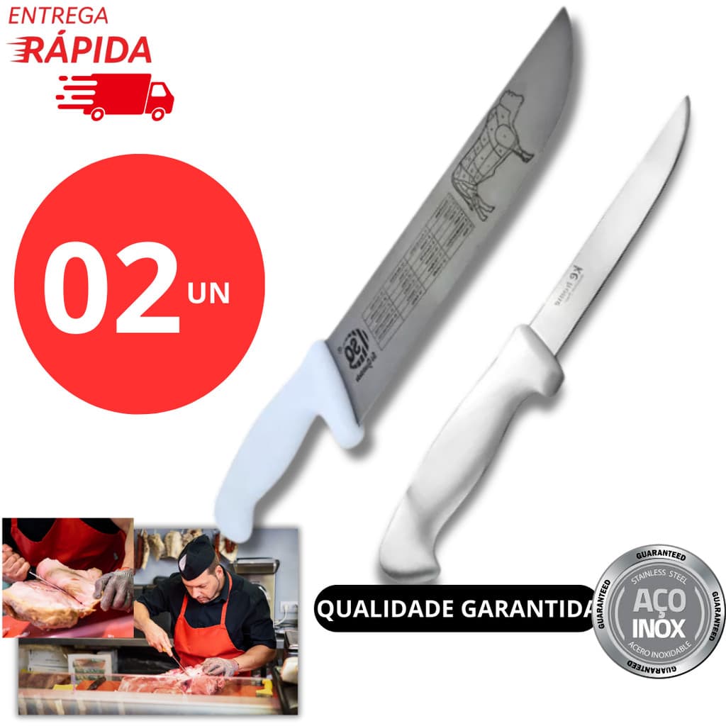 Kit 02 Facas Profissional Faca Açougueiro e Faca do Chef Churrasqueiro Restaurante Desossa