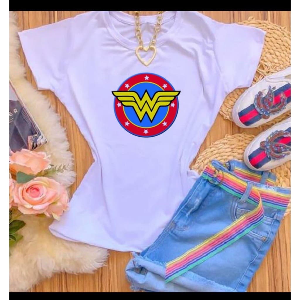 Camisa T-SHIRTS POLIÉSTER BRANCO MULHER MARAVILHA LOGO COLORIDO Envio Rapido