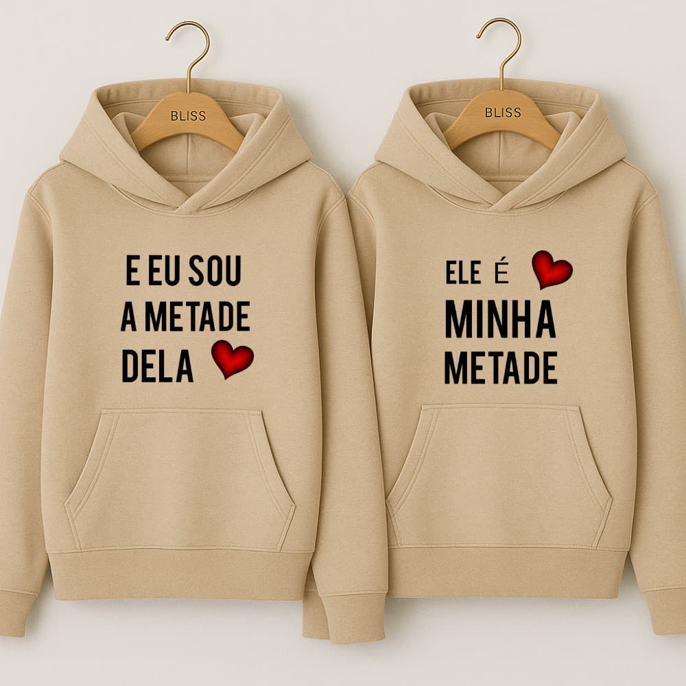 Kit com 2 Moletom Canguru Casal Metade Minha Metade Dele Com Capuz Namorados Fofo Frases
