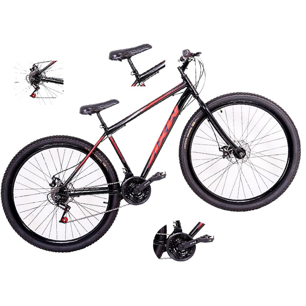 BICICLETA ARO 29 FREIOS A DISCO 21 MARCHAS AXW AÇO CARBONO PRETO COM VERMELHO