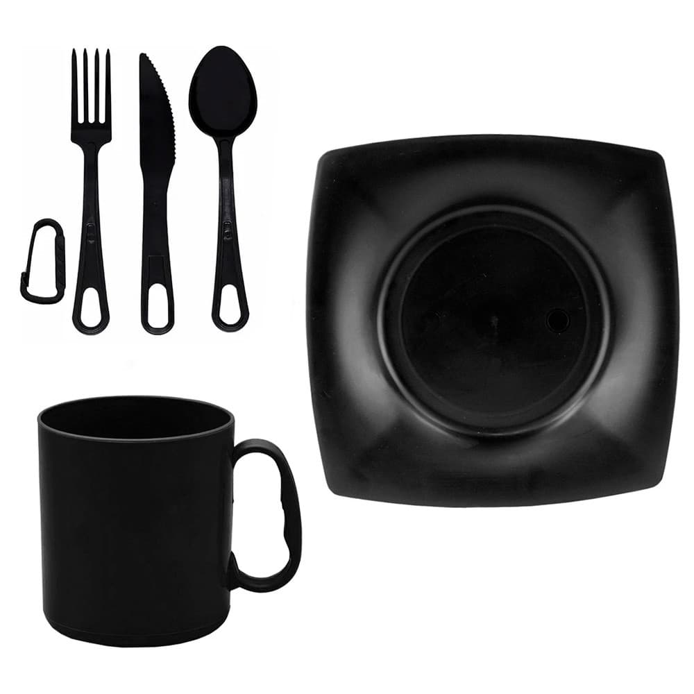 Kit Prato Preto Quadrado 22x22cm + Talher/Garfo/Faca + Caneca de Plastico