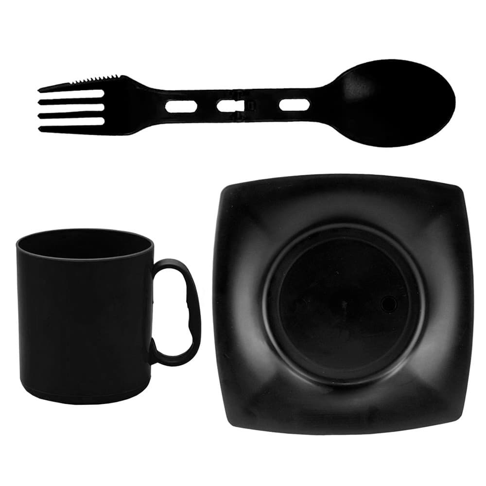Kit Prato Preto Quadrado 22x22cm + Talher Dobravel + Caneca de Plastico