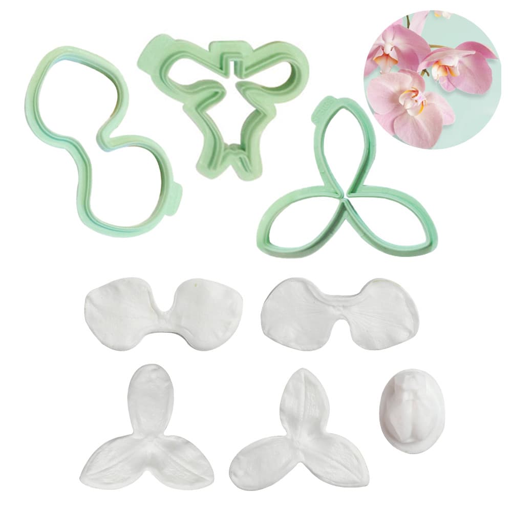 KALAIEN 6pcs Orquídea Borboleta Fondant Flower Mould Petal Silicone & Blade Conjunto Criativo De Cortador De Bolo De Aço Inoxidável Decoração Comestível Bolos Temáticos Adequados
