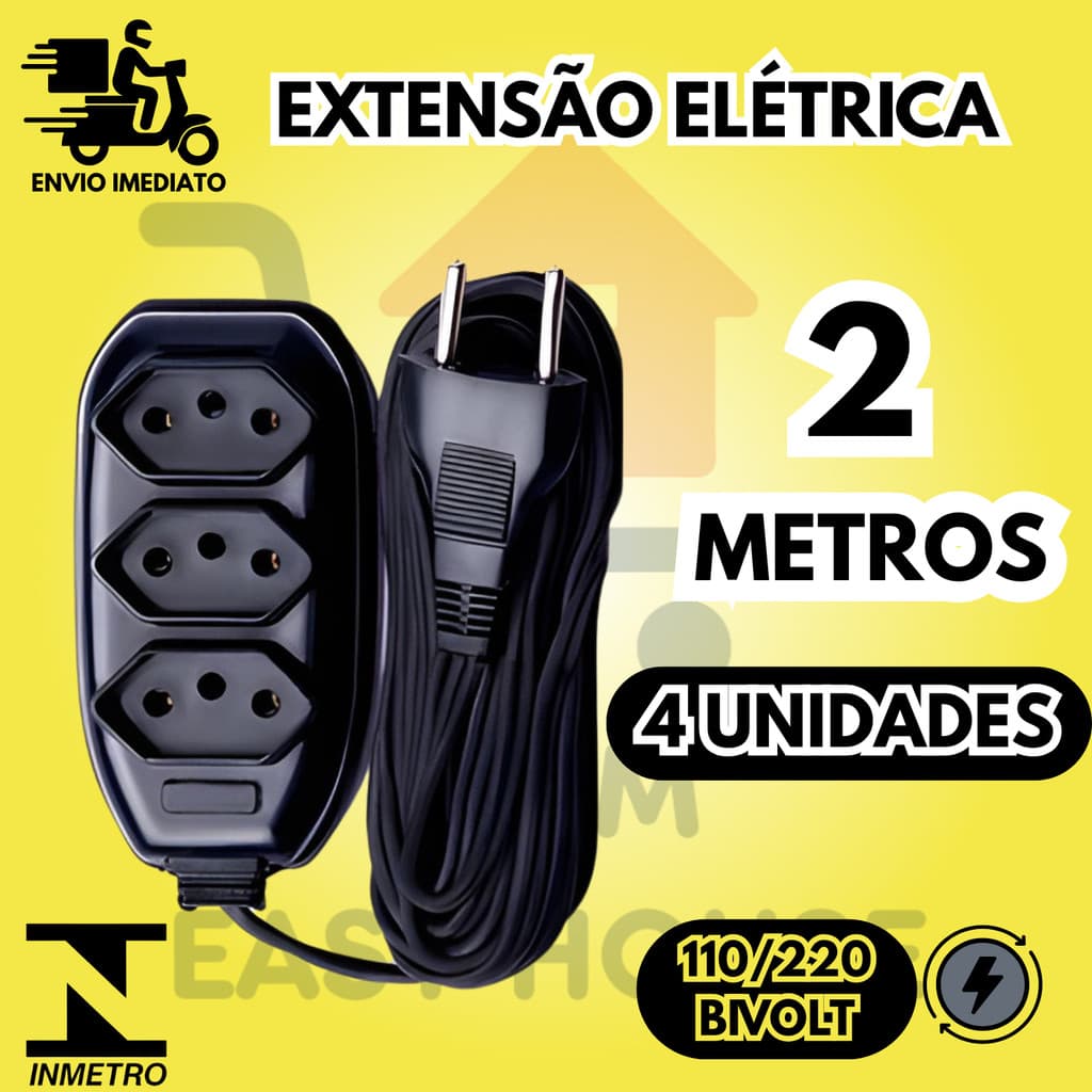 KIT 4 Extensão Elétrica 3 Tomadas Bivolt 110v 220v Ideal Para Alexa, TV, PC Cabo 2 Metros