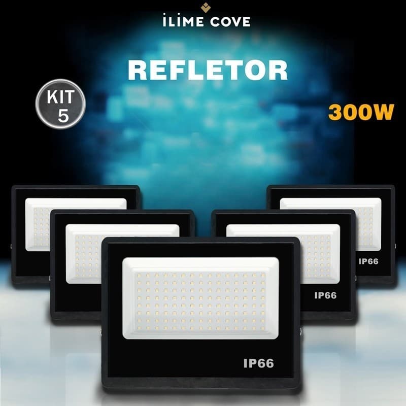 Kit 5  Refletor LED 300W Holofote Bivolt Super Brilhante e Econômico IP66 à Prova d'Água Externas