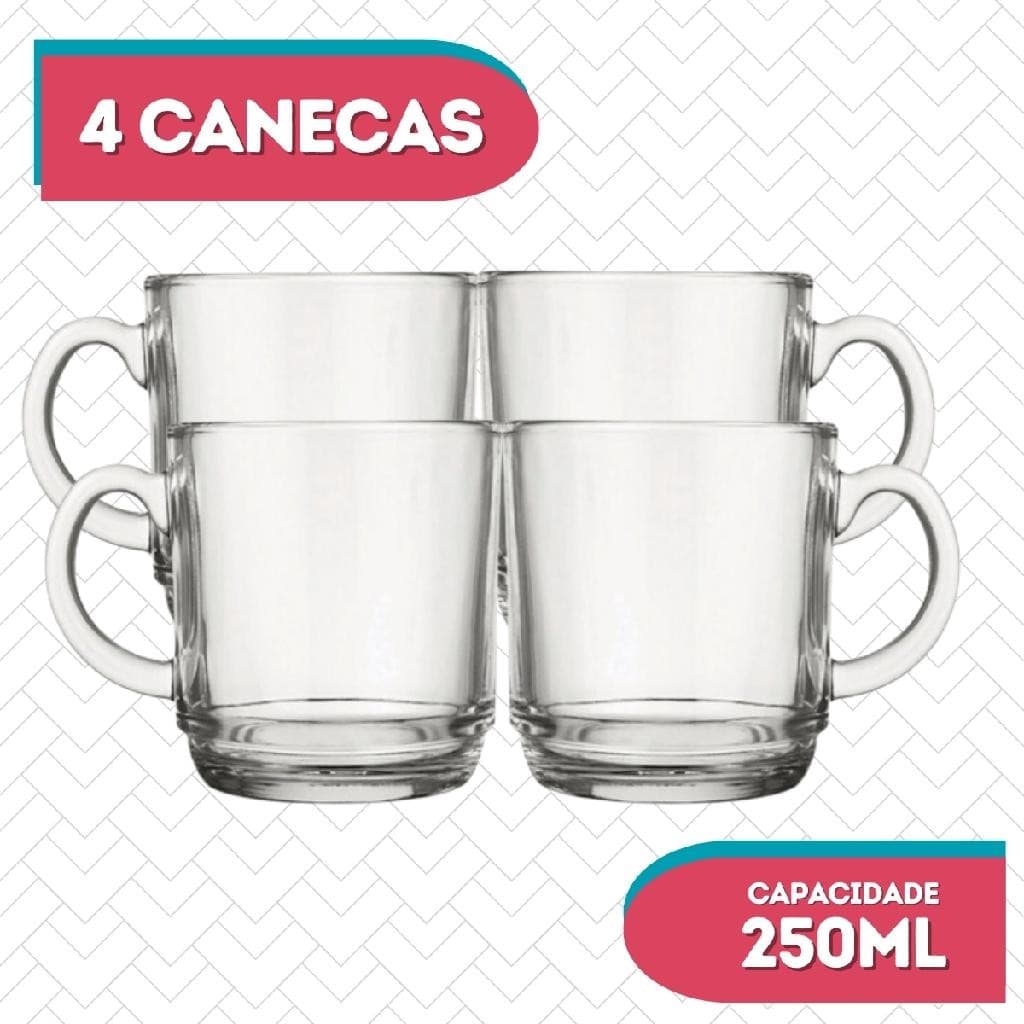 Conjunto 4 Canecas Lisa Transparente 250ML Cappuccino Café