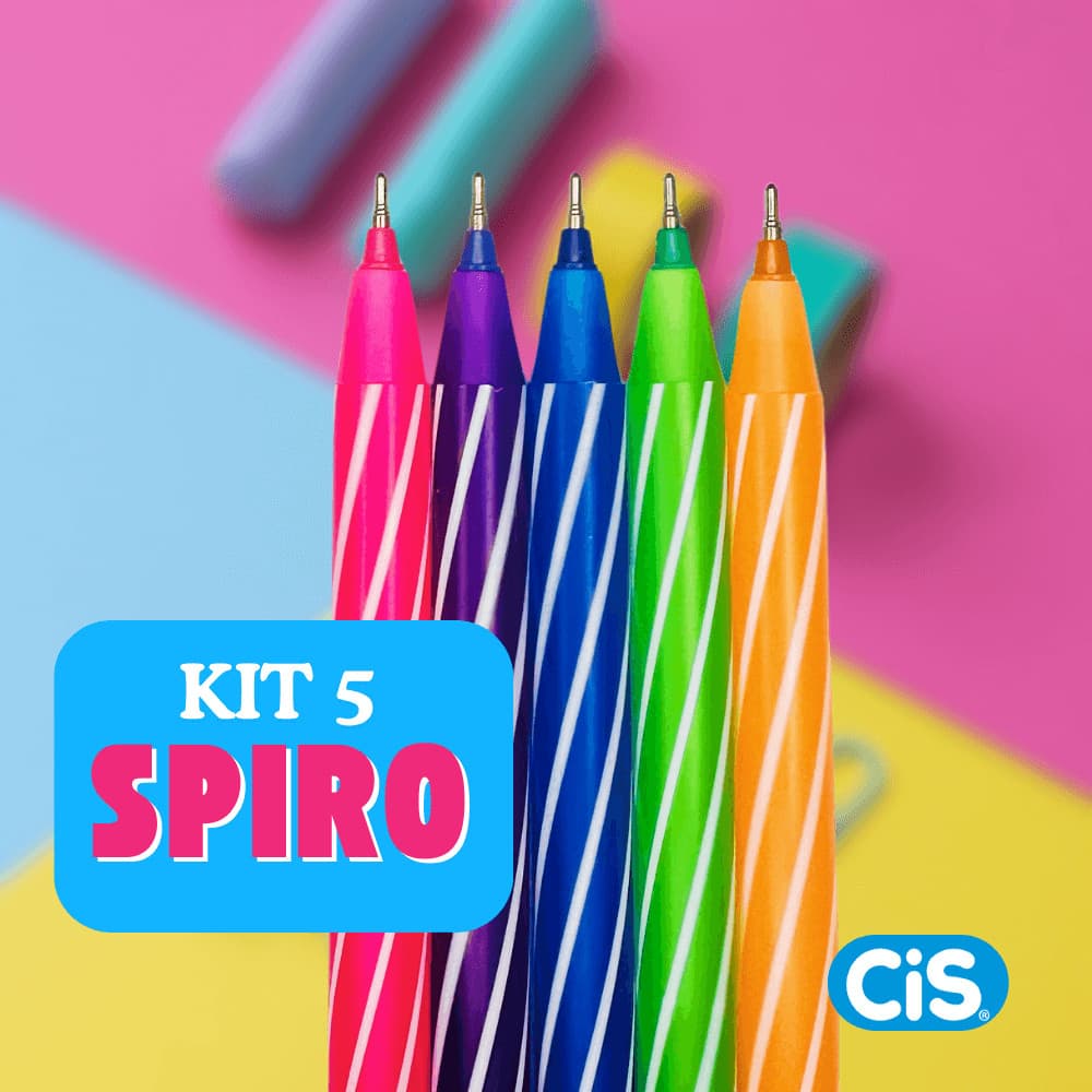 Kit 5 canetas spiro esferográficas 0.7 mm cores vibrantes Cis