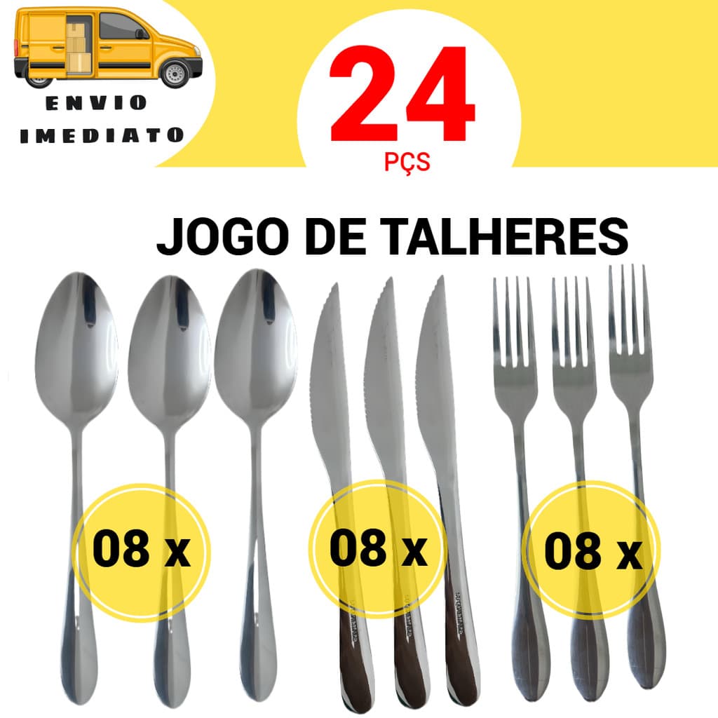 24Pç Kit Jogo de Talheres Inox Garfo Colher Faca Linha Profissional GARBO Casa Cozinha Buffet Evento