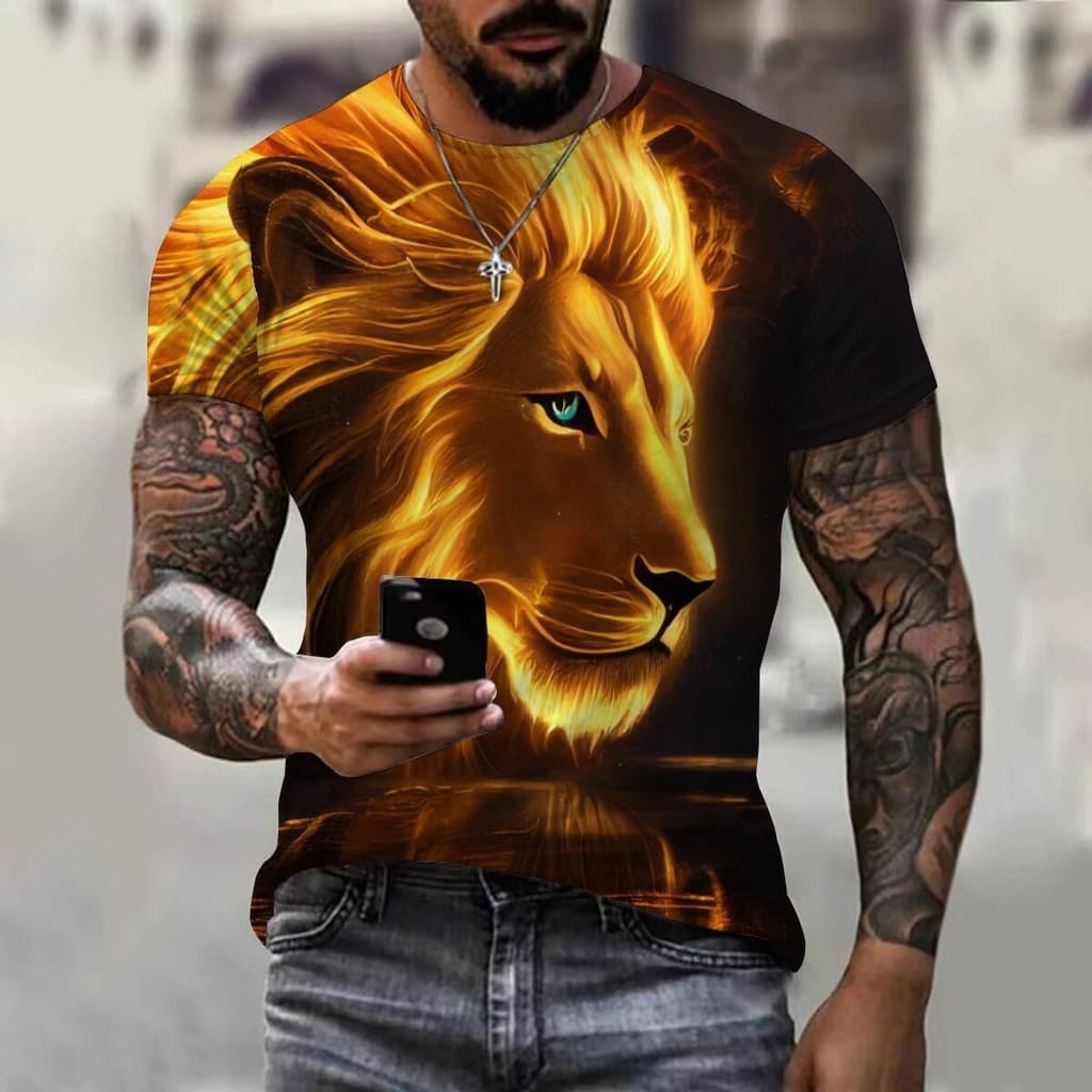 Camiseta Com Estampa De Leão Casual De Manga Curta Top Esportivo Fashion 01-3