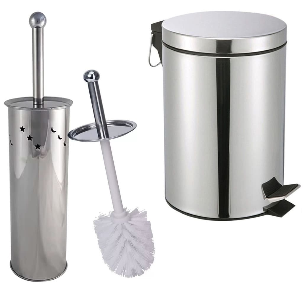 Kit Lixeira 5 Litros + Escova Sanitaria Para Banheiro Inox