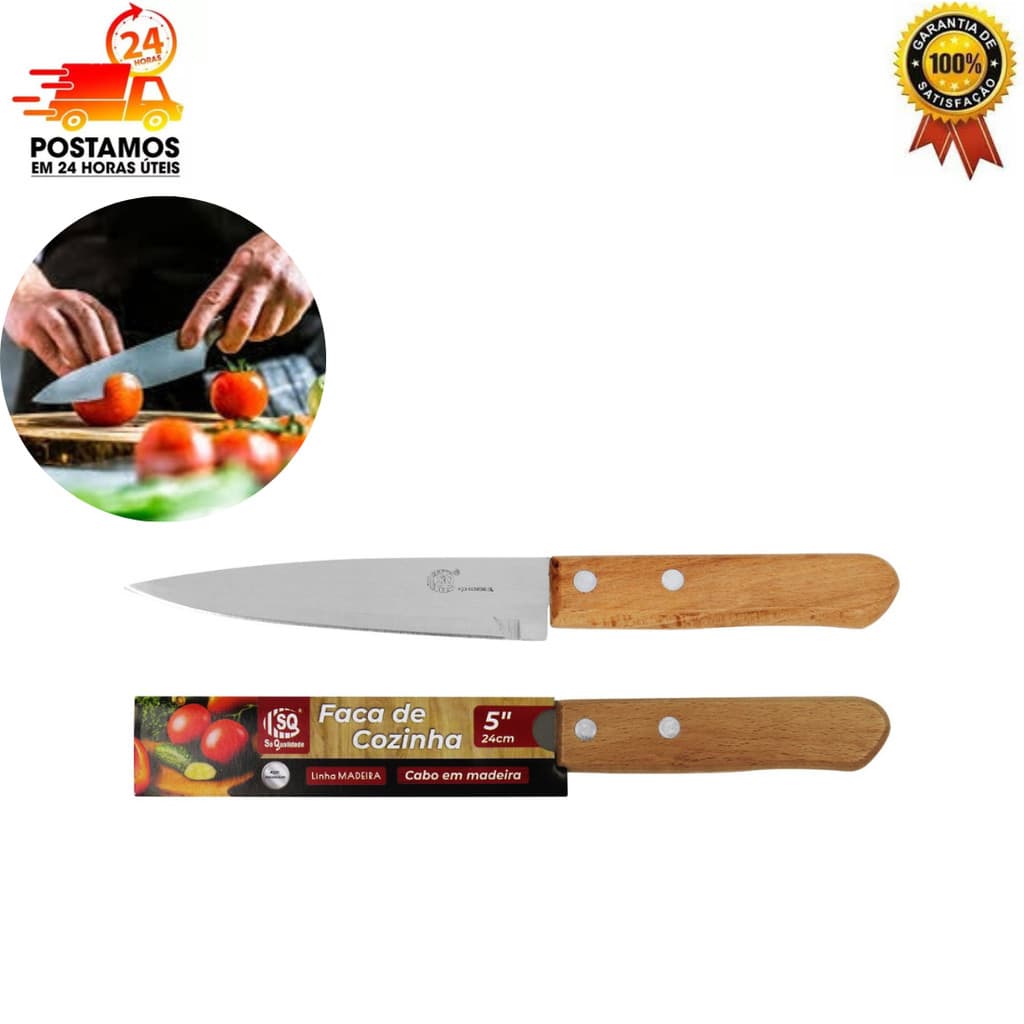 Faca de Cozinha Aço Inox Cabo de Madeira 5´´ Carne Salada Legumes Churrasco