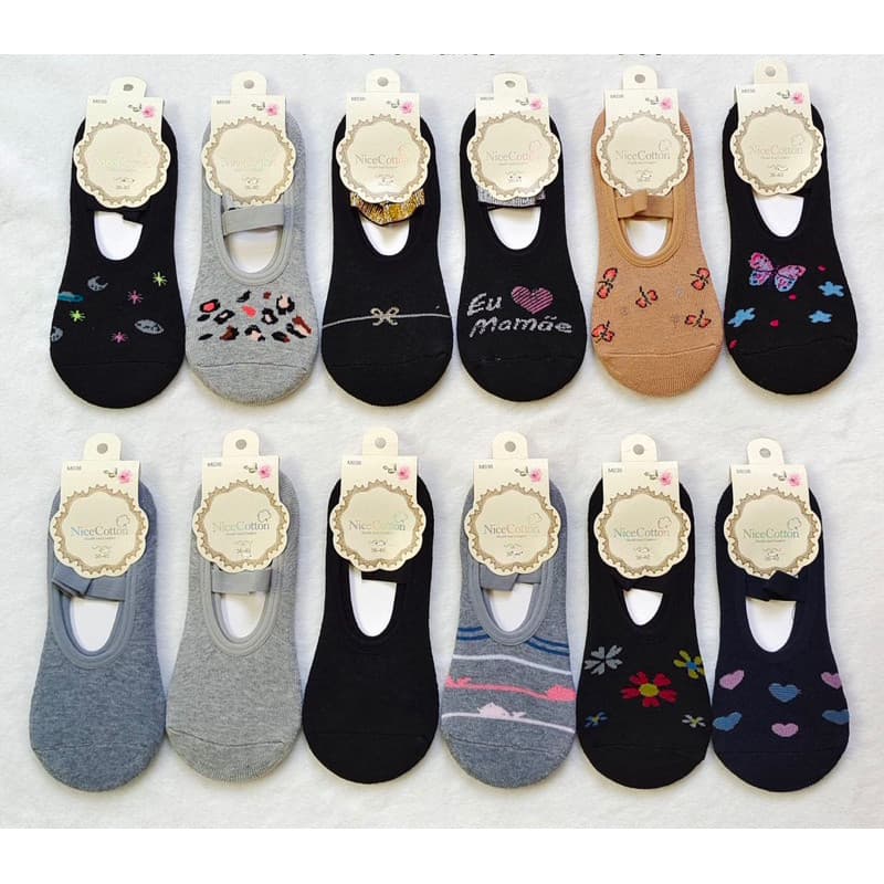 Kit com 12 Pares Meia Sapatilha Yoga Pilates Cores Sortidas Algodão nice cotton cores escuro