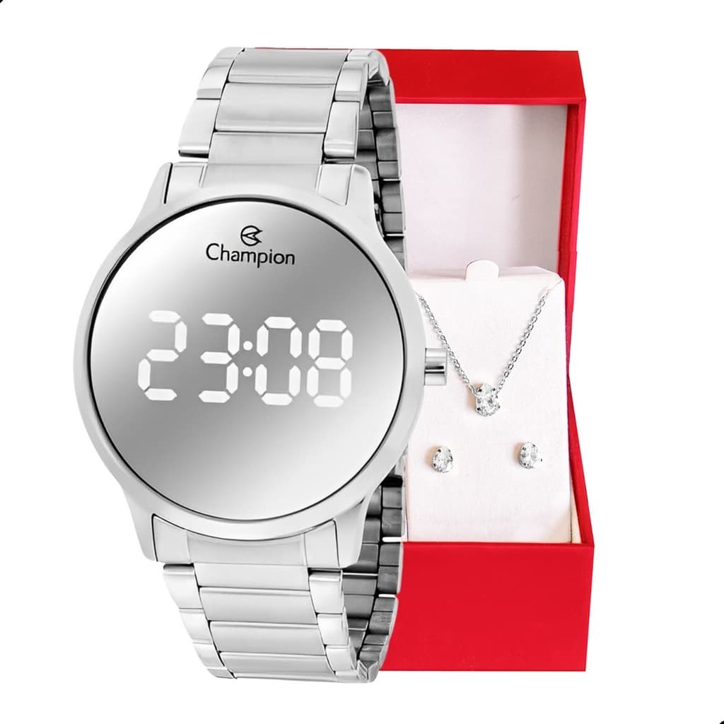 Relógio Feminino Champion Digital Espelhado Prata CH40142S  + Conjunto Colar E Brinco Feminino