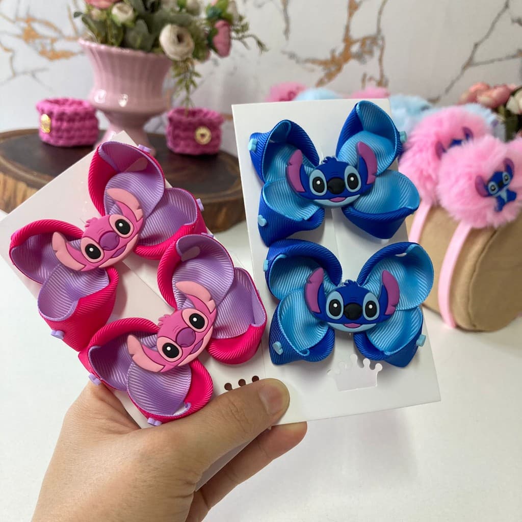 Par de Laços cabelo Infantil Stitch  Angel para Meninas na Presilha fita gorgurão acessório confortável combina vestido
