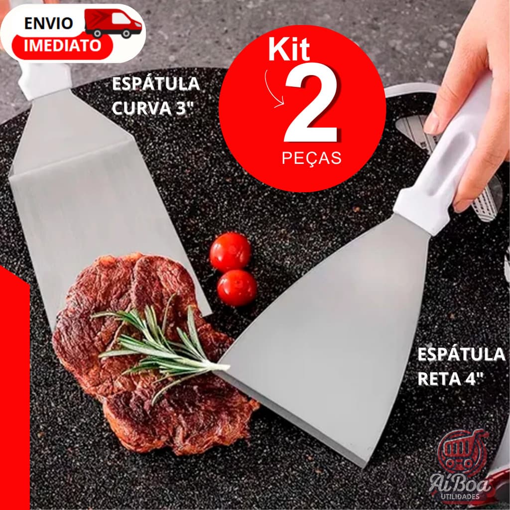 Espátula Curva 3" Espátula Reta 4" Inox com Cabo Plástico – Kit Versátil para Cozinha, Doces e Profissional