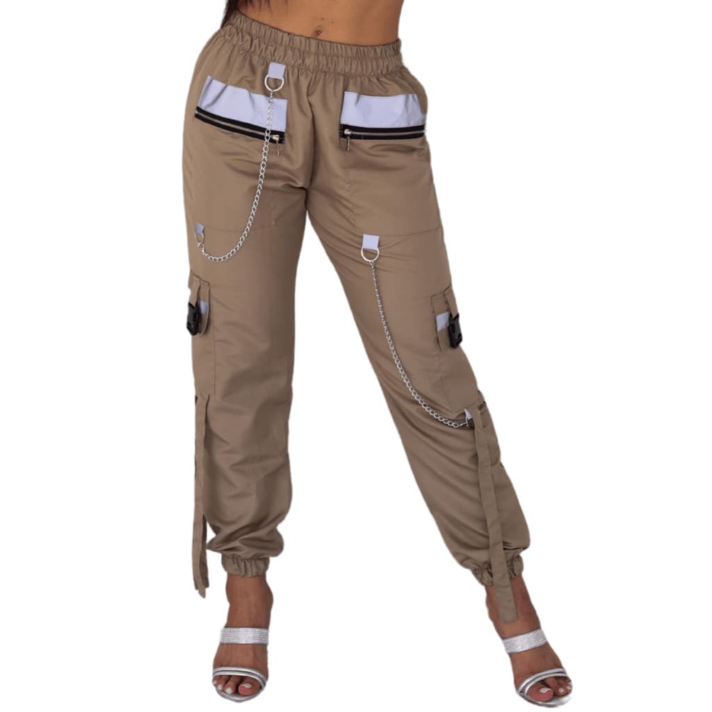 CALÇA CARGO JOGGER EM TECIDO FINO MODA FEMININA FUTURISTA, REFLETIVO EM BOLSOS