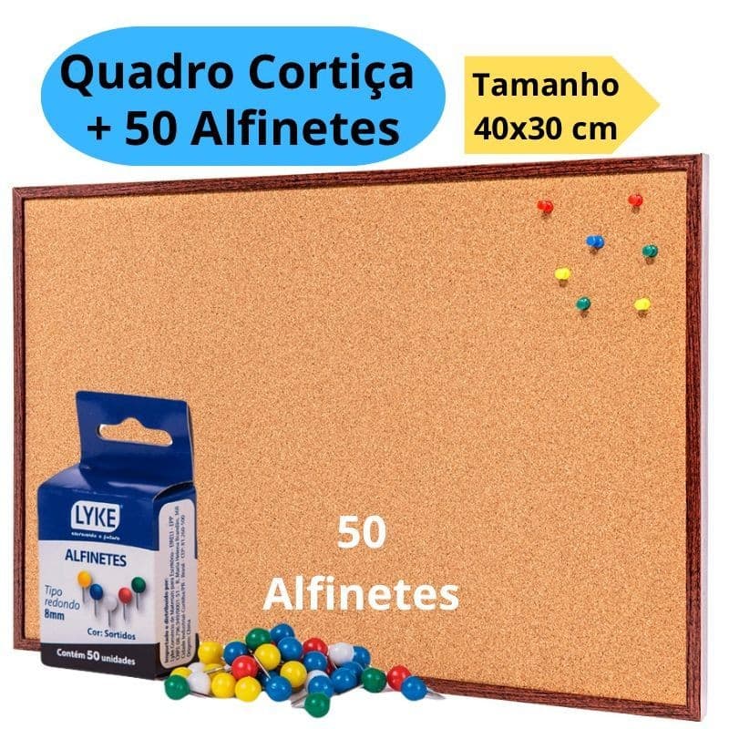 Quadro De Aviso Cortiça Moldura Madeira 40x30cm + 50 Alfinetes Mural Fotos Lembretes
