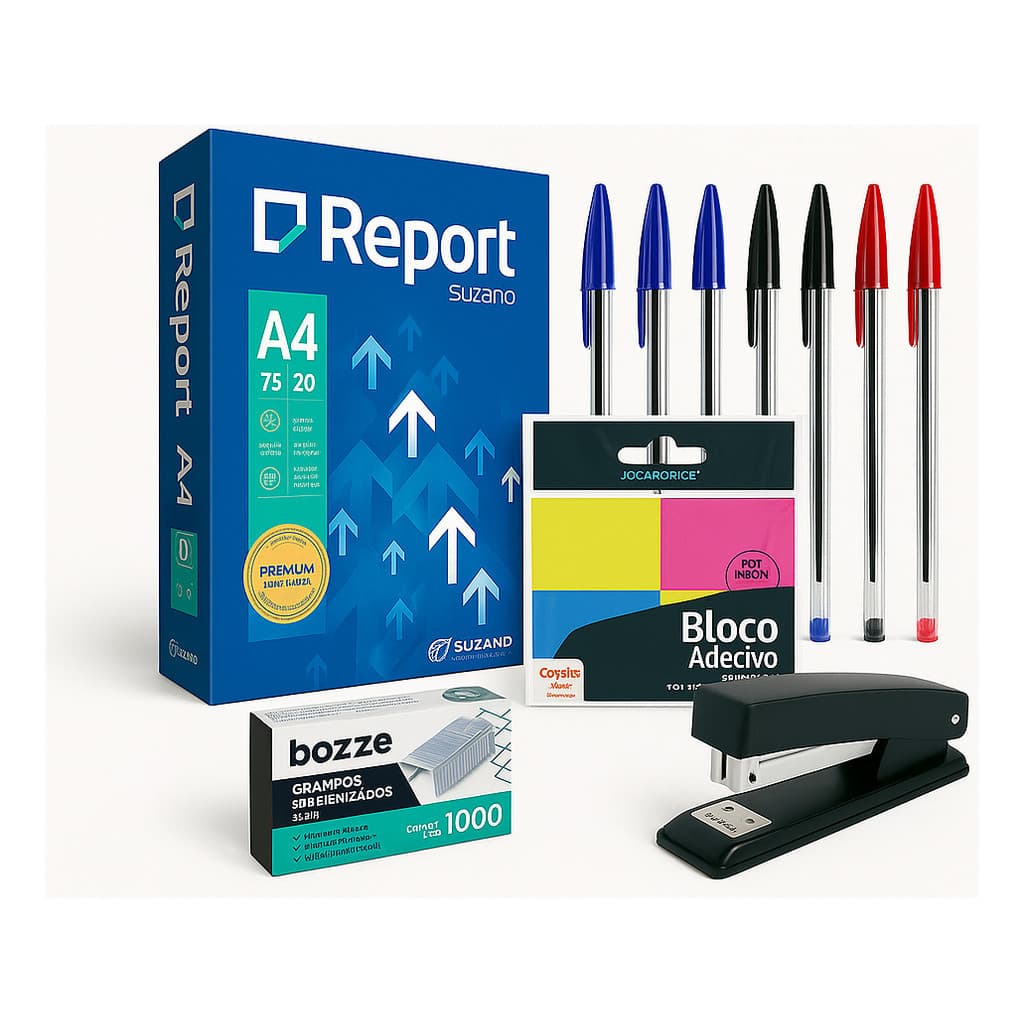 Kit Escritório Papel A4 Sulfite, Caneta, Bloco, Grampeador E Grampos