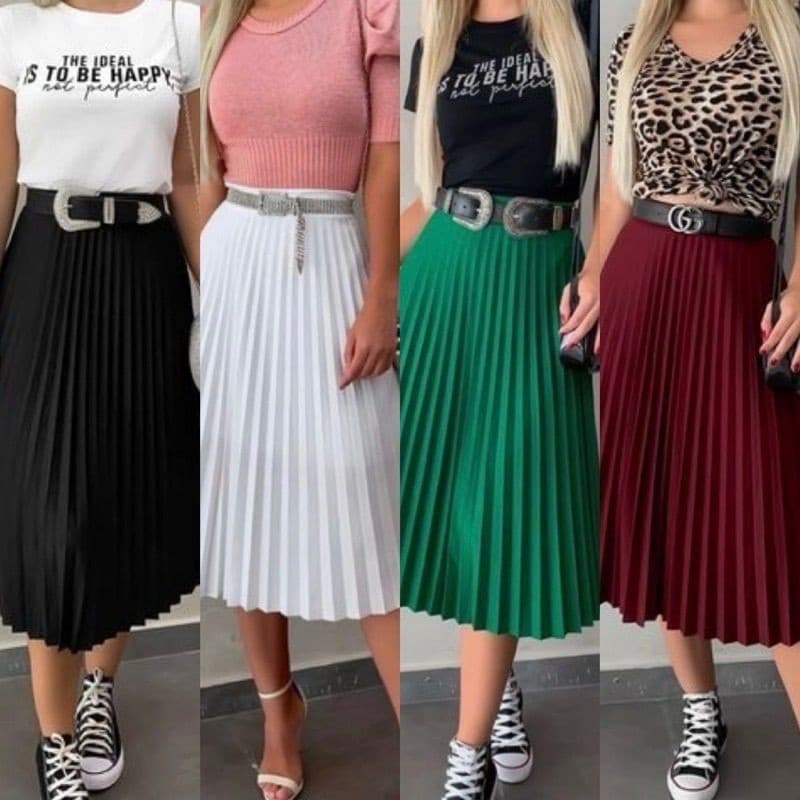 Saia Midi Feminina Com Forro Lisa - Moda Evangelica