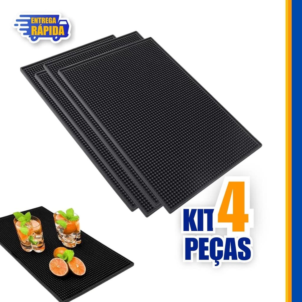 KIT 4 Tapetes Bar Barmen Escorredor em Silicone para Copos Drinks Antiderrapante Preto