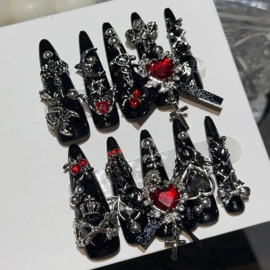 Jirai Kei Y2K Tempero Meninas Preto Vermelho Ponta Longa Artesanal Imprensa Em Unhas Cruz Aranha Amor Diamante Falsas Ar