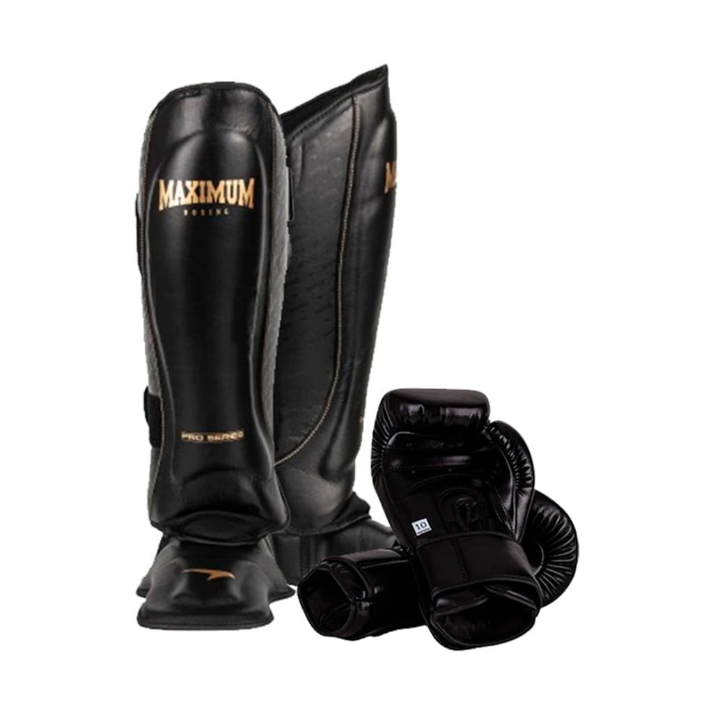 Kit Profissional Luva Muay Thai Boxe + Caneleira Black - Maximum