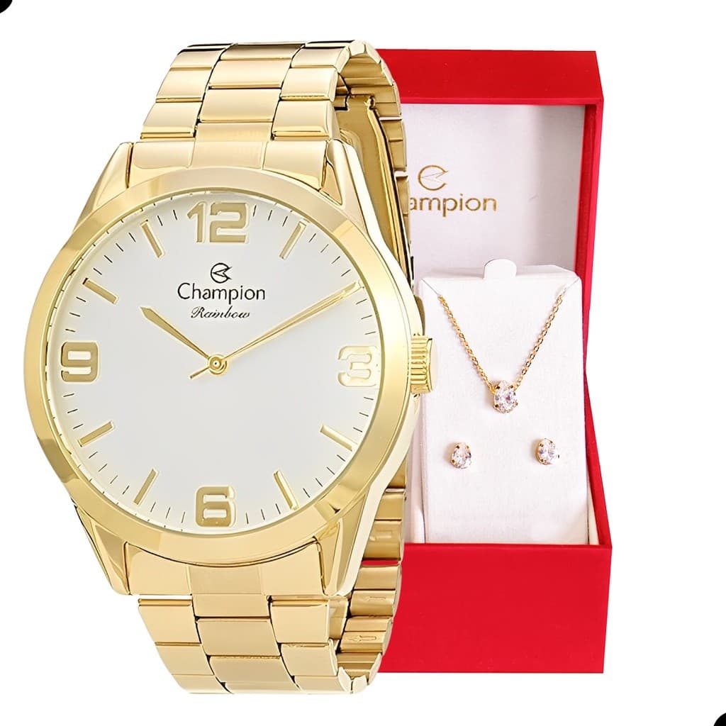Relógio Champion Feminino  Analógico Dourado Prova D´Agua + Conjunto Colar E Brinco Feminino