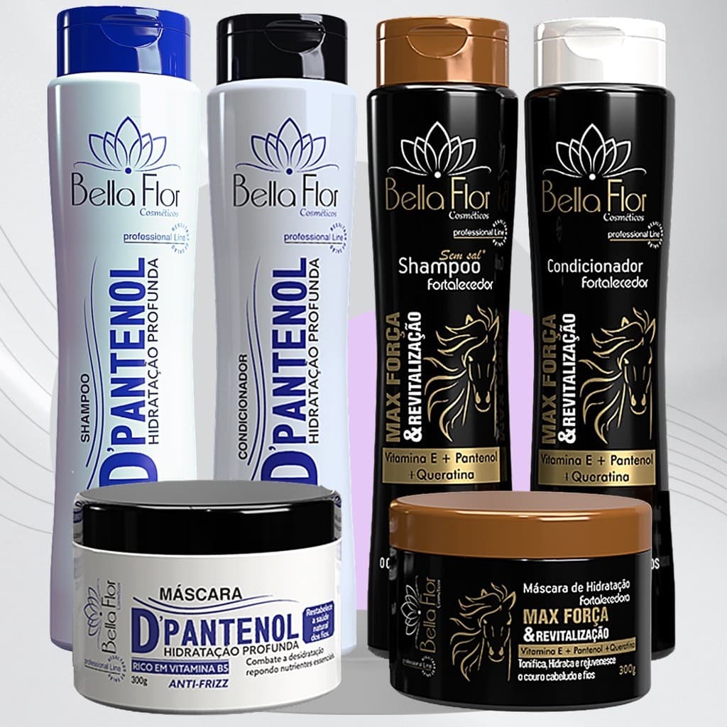 2 Kits Capilares D-Pantenol e Força 6 Produtos Shampoo Condicionador Máscara Bella Flor Hidratação Reparação