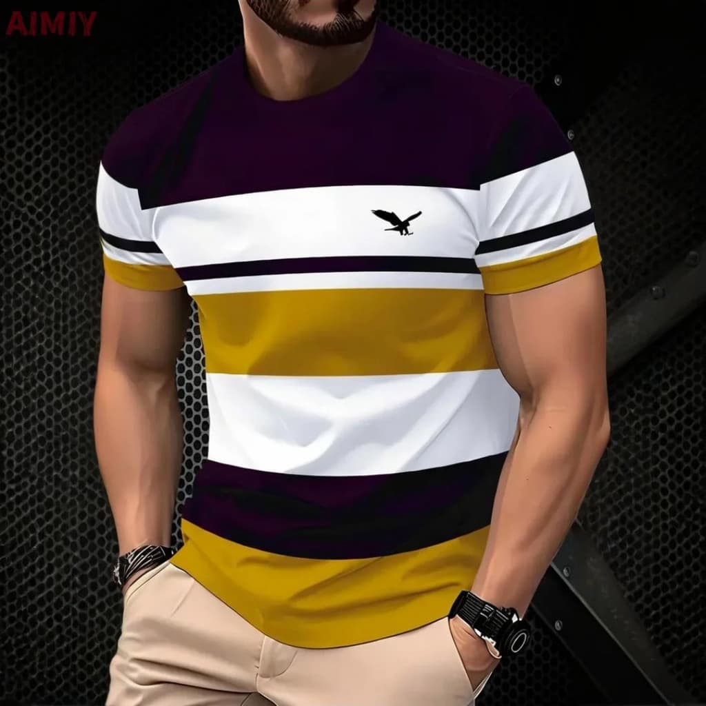 Camiseta Masculina Oversized Verão Ao Ar Livre Casual Em Torno Do Pescoço Manga Curta Topo Listrado Estilo Impresso Over