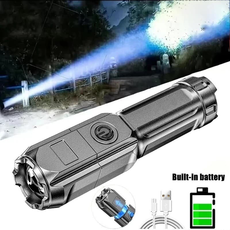 Lanterna Tática Potente LED USB Recarregável com Zoom Direcional e Resistente à Água 1371